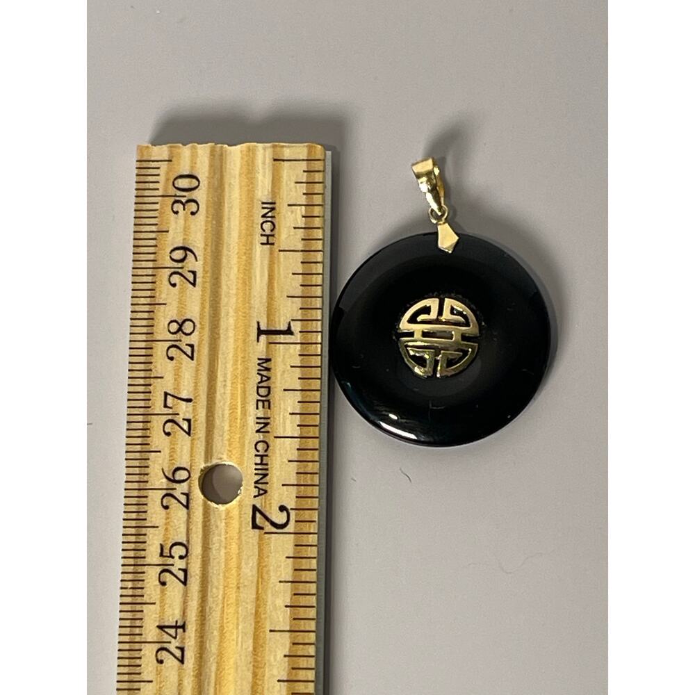 14K Yellow Gold Black Onyx Asian Longevity Symbol Pendant - Picture 9 of 9